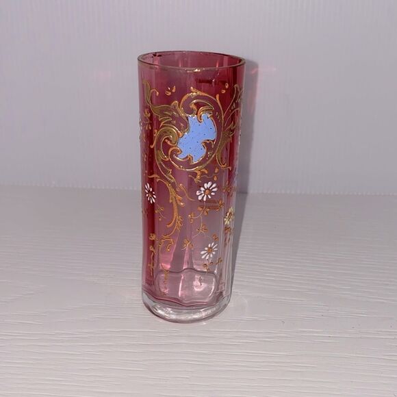 Vintage Hand Blown Cranberry Glass Hand Painted 3D Floral Single Bud Vase - Picture 4 of 9